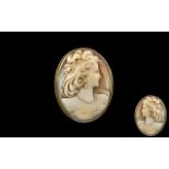 Antique Period - Large and Attractive Oval Shaped Shell Cameo - 9ct Gold Mounted Brooch, Marked 9ct.