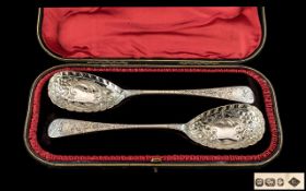 Edwardian Period 1902 - 1910 Superb Pair of Ornate Sterling Silver Serving Spoons ( Fruits ) With