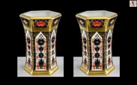 Royal Crown Derby Pair of Solid Gold Band 22ct Old Imari Pattern Vases.