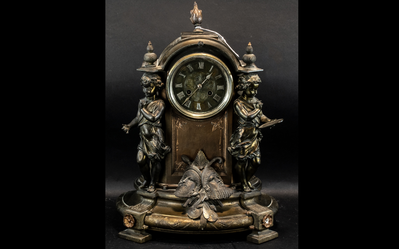 Large & Impressive French Bronzed Metal Antique Mantle clock, depicting the muses and arts,