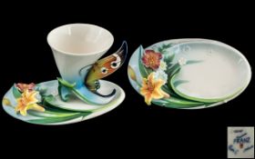 Franz - Fine Porcelain Signed Hand Painted ' Buckeye ' Butterfly Cup and Saucer with Water Lilies.