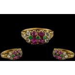 Antique Period Wonderful 15ct Gold - Exquisite Rubies / Emeralds / Diamonds Set Ring.