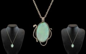 A Vintage Attractive Sterling Silver Large Opal Set Pendant, With Attached Sterling Silver Chain.
