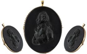 George III - Large and Fine Quality Carved Black Basalt Portrait Cameo / Plaque Brooch,