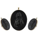 George III - Large and Fine Quality Carved Black Basalt Portrait Cameo / Plaque Brooch,