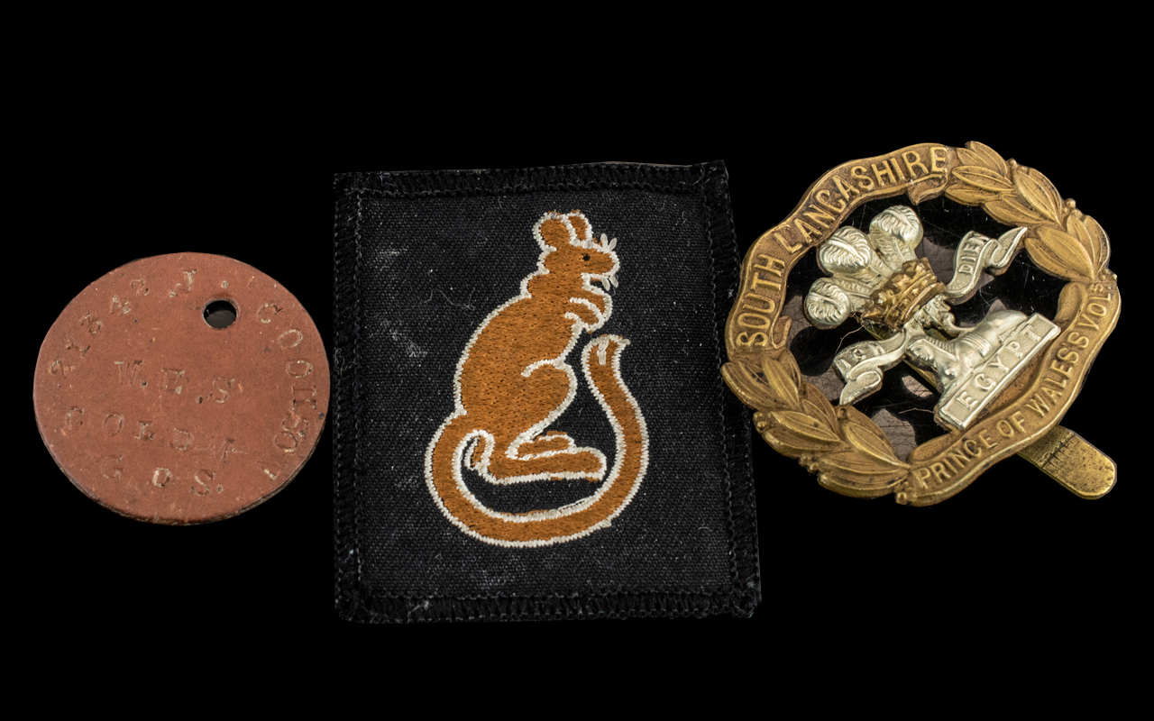 Desert Rat Badge, South Lancashire badge, J Cookson,W.E.S. COLDM. GDS dog tag No. 21342.