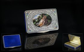 Swiss - Early 20th Century Superb Silver and Blue Enamel Hand Painted Lidded Box. The Central Hand