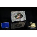 Swiss - Early 20th Century Superb Silver and Blue Enamel Hand Painted Lidded Box. The Central Hand
