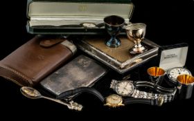 A Mixed Collection of Oddments to include a hip flask, 2 chrome shots, 2 egg cups,