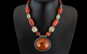 Mid Century Silver & Amber / Bakelite Necklace.