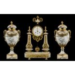 Late 19th Century Three Piece French White Marble and Ormolu Clock Set, the enamelled dial clock,