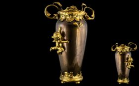 French Art Nouveau Style Vase, Coppered Metal Body With Applied Gilt Metal Base, Neck, Cherub And