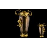 French Art Nouveau Style Vase, Coppered Metal Body With Applied Gilt Metal Base, Neck, Cherub And