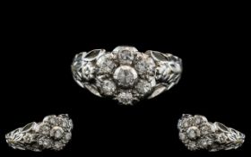 Ladies 18ct White Gold Attractive - Diamond Set Cluster Ring, Flower head Setting / Design,