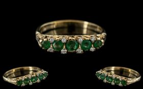 Ladies - 9ct Gold Attractive Diamond and Emerald Set Dress Ring - Ornate Setting.