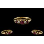 Antique Period - Attractive 18ct Gold 5 Stone Ruby and Diamond Set Ring - Gallery Setting.