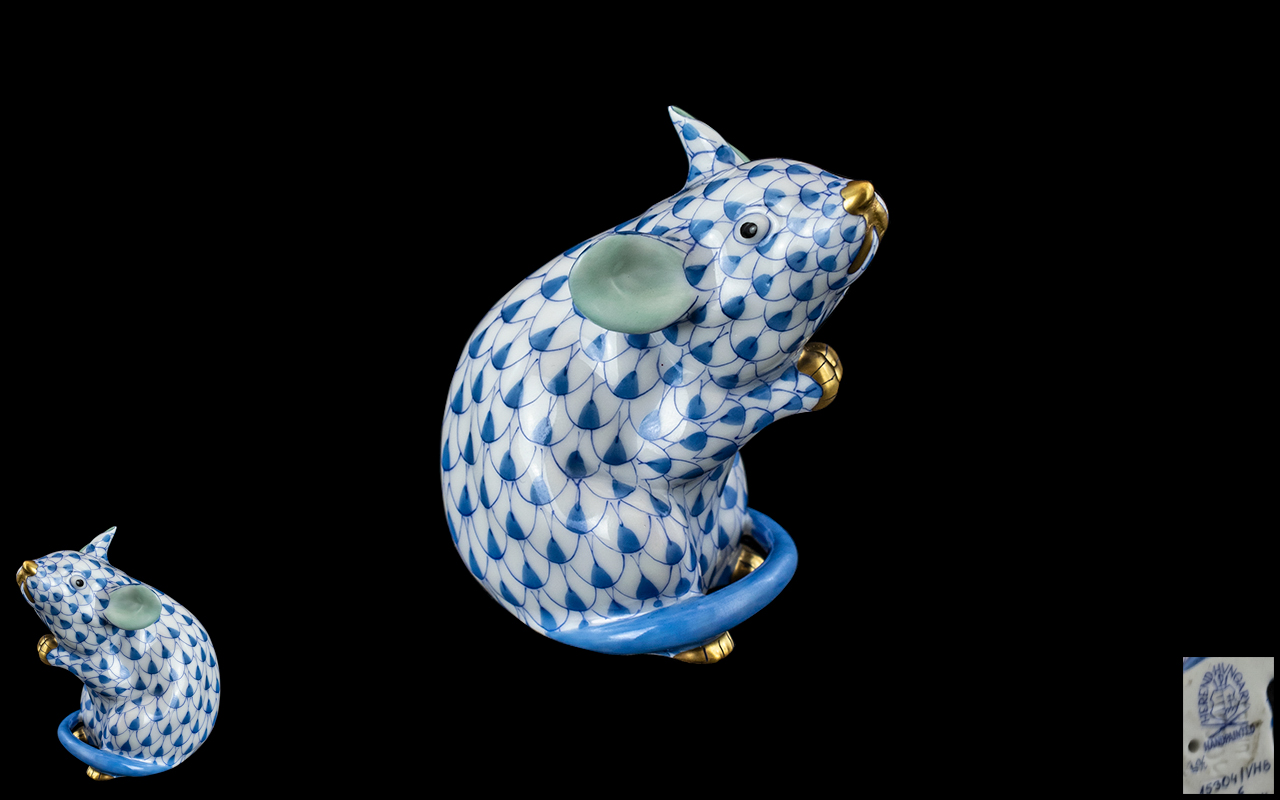 Herend Hungary Hand Painted Little Mouse In Blue with Pale Green Ears and Gold Nose.