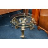 A 1960's Brutalist Wrought Iron Gilded Glass Topped Coffee Table, 36" diameter x 18" high,