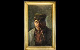 Victorian Oil on Canvas Old Gent with Pipe, guilt frame. 24" x 14". Unsigned.