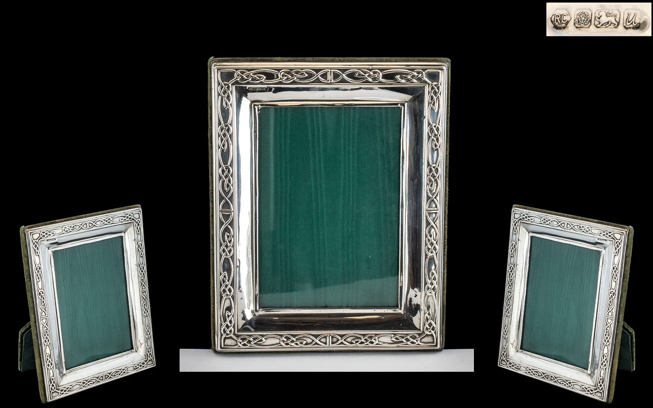 Elizabeth II Sterling Silver Photo Frame with Celtic Style Border, Suede Back. Hallmark London 1975.