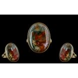 Antique Period - Pleasing 9ct Gold Oval Shaped Stylish Moss Agate Set Ring.