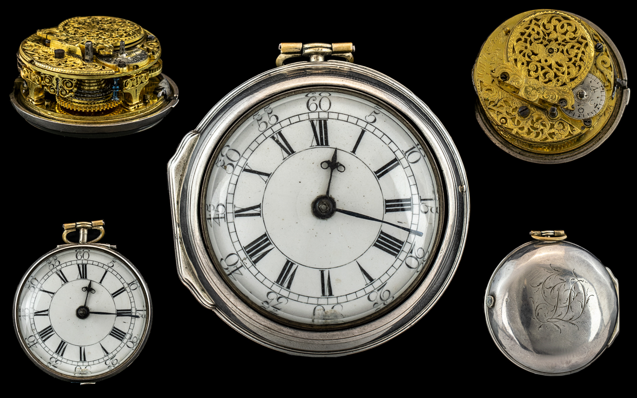 Signed Stunning Silver Pair Cased Chain Driven Verge Pocket Watch, circa 1720 by Will Kipling