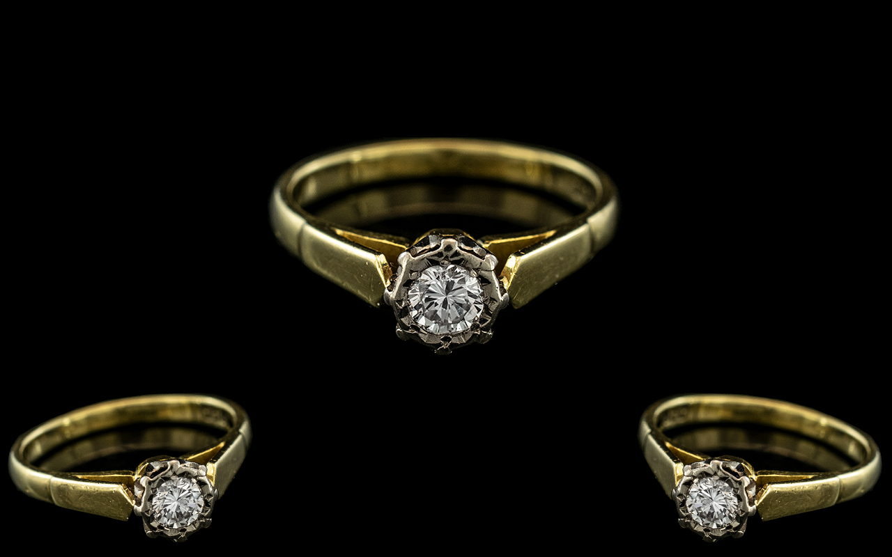18ct Gold Attractive Single Stone Diamond Ring, marked 18ct to interior of shank; the round