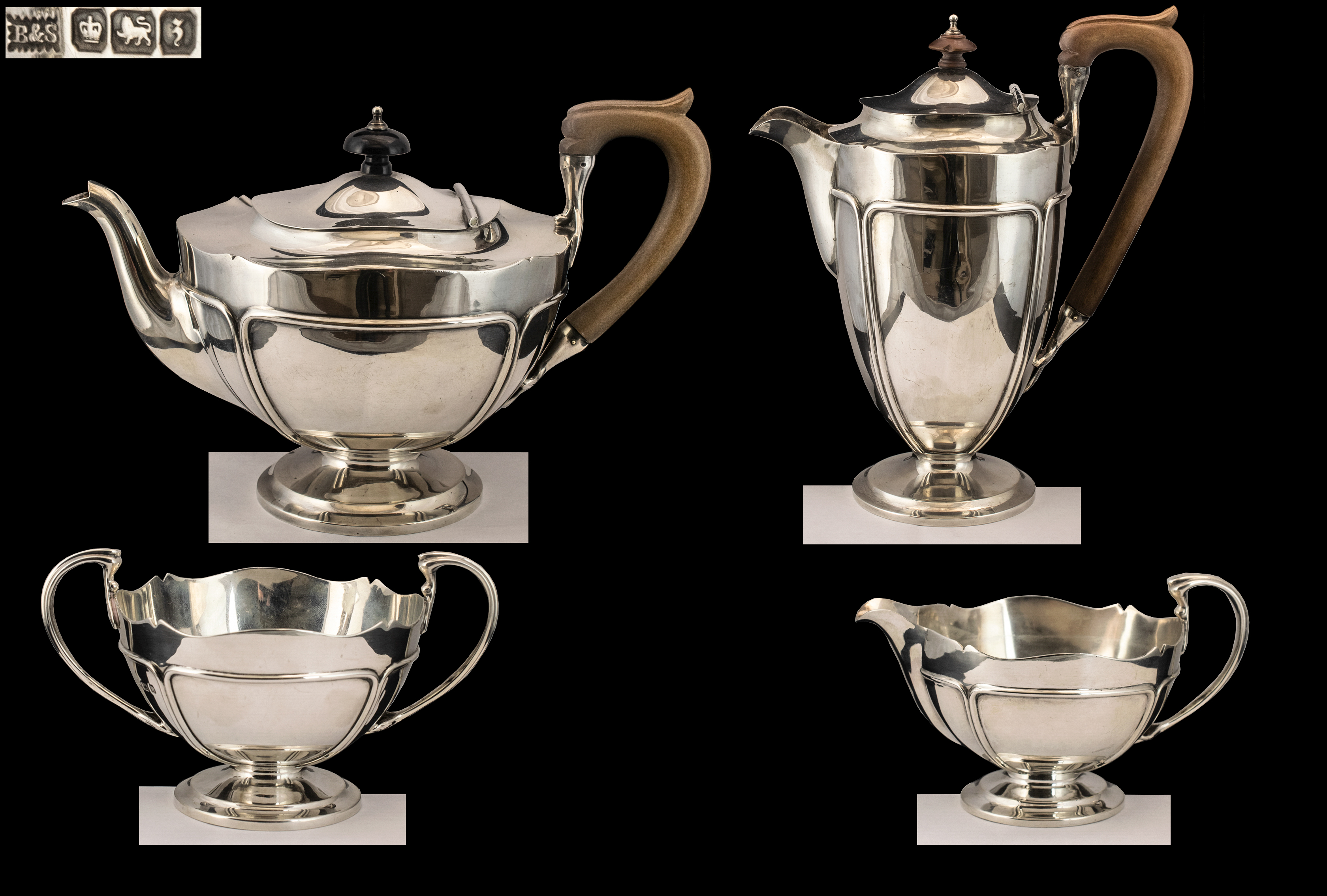Arts And Crafts Design Superior Quality Sterling Silver ( 4 ) Piece Tea Service.