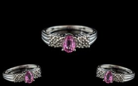 Ladies - Attractive 10ct White Gold Pink Sapphire and Diamond Set Dress Ring.