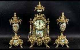 Gilt Metal French Style Three Piece Porcelain Mounted Clock Set,