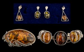 Superb Collection of Sterling Silver - Amber Set Statement Jewellery. All Marked 925 - Silver.