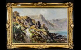 Henry Hadfield Cubley (1858-1934) Oil Painting Torquay coastal mountainous walkway with figure.
