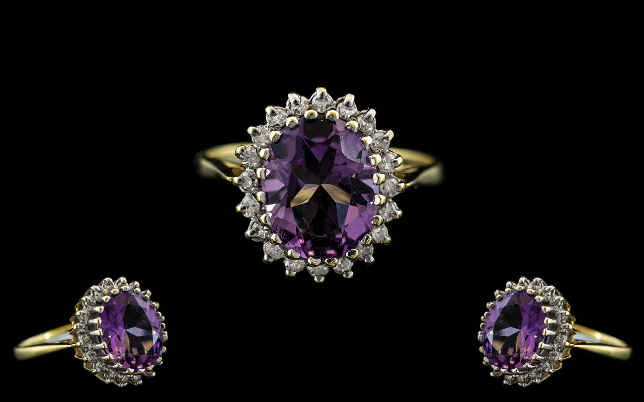 18ct Gold - Amethyst and Diamond Set Cluster Ring - Flower head Setting.