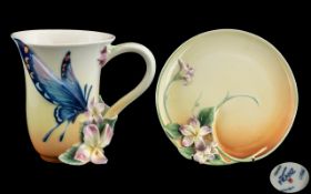 Franz - Fine Porcelain Signed and Hand Painted ' Sweet Pea ' and Butterfly Sandwich Set.