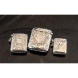 Trio of Solid Silver Vesta Cases. Full Hallmarks to Each, Sizes 6 by 4.5 cms, 5 by 3.