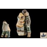 Lladro - Gres Hand Painted Figure ' Eskimo Boy and Girl ' Model 2038. Issued 1971 - 2000.