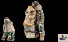 Lladro - Gres Hand Painted Figure ' Eskimo Boy and Girl ' Model 2038. Issued 1971 - 2000.