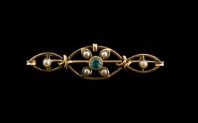 Antique Period Attractive 9ct Gold Seed Pearl and Aquamarine Set Small Brooch,