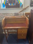 LAdies Beechwood Roll Top Desk with three short drawers, mid century, made by Pegasus.