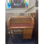 LAdies Beechwood Roll Top Desk with three short drawers, mid century, made by Pegasus.