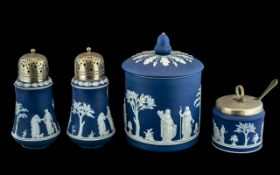 Four Pieces of Wedgewood Jasperware all classical scenes to include two sugar casters, preserve pot,