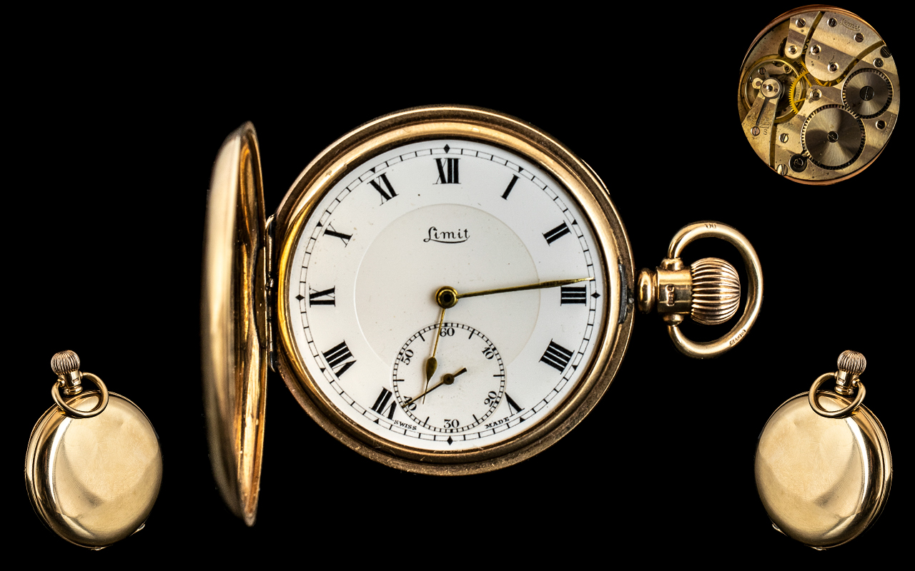 Limit - 9ct Gold Key-less Full Hunter Pocket Watch. Hallmark Birmingham 1945, Signed to Dial and