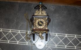 Reproduction Dutch Style Friesland Brass and Wood Wall Clock, with two brass weights,
