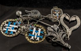 Small Mixed Lot to include three silver enamel pendants, Marcasite flower brooch, and dress holder.