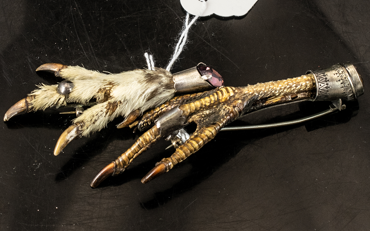Two Edwardian White Metal Mounted Grouse And Pheasant Talon Brooches, Each Mounted With Cairngorm