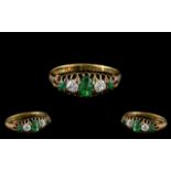 Antique Period - Attractive 18ct Gold 5 Stone Gallery Set Emerald and Diamond Ring.