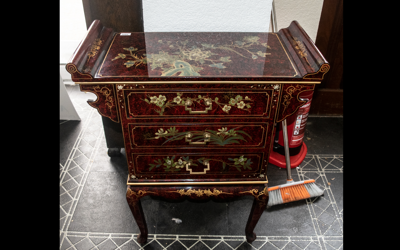 A Chinese Red Lacquered Alter Table Shaped Chest, consisting of three drawers,