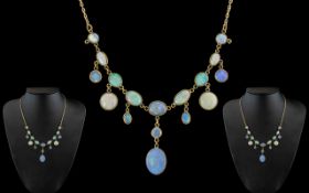 Antique Period - Attractive Gilt Metal Moonstone and Opal Set Necklace.