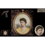 Late Victorian Period - Signed and Excellent Quality Hand Painted Portrait Miniature on Ivory of An