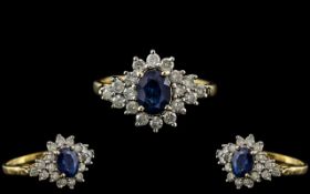 18ct Gold - Attractive Diamond and Sapphire Set Dress Ring.